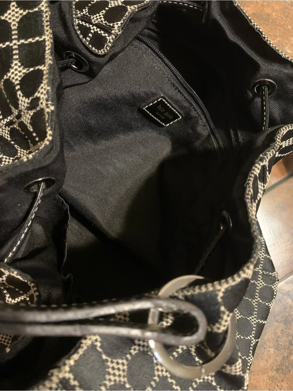 kate spade New York Black & Cream Jacquard Drawstring Bucket Hobo Bag